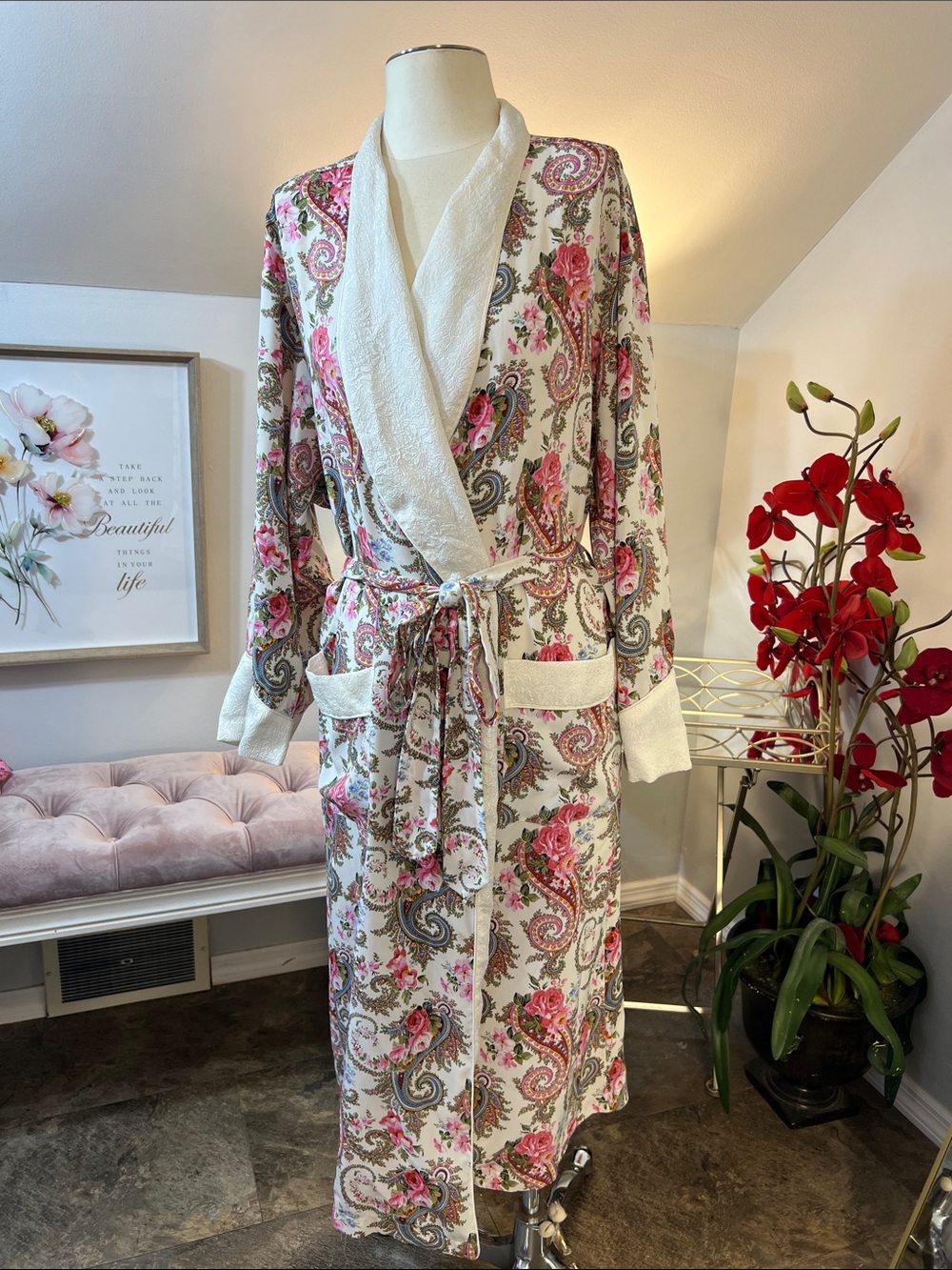 Vtg Victoria's Secret Gold Label Floral Paisley Robe Belted Long Kimono Size Med
